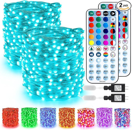 BrizLabs Fairy String Lights - 2 Pack 66ft 200 LED Color Changing Fairy Lights with Remote, Plugin Red White Blue Twinkle Light Rainbow Firefly Starry Light for Xmas Tree Halloween July 4th Easter