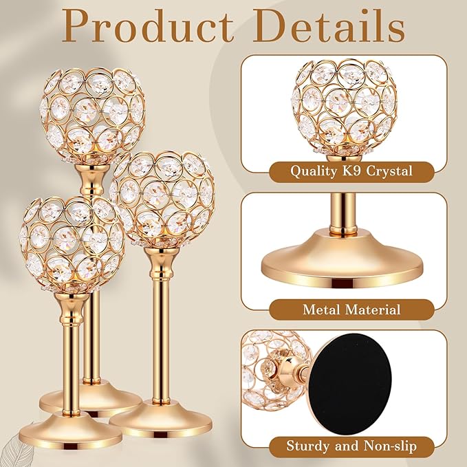 Mimorou 6 Pack Crystal Candle Holders Gold or Silver Candle Holders Bulk Tealight Candlestick Crystal Candelabras for Wedding Party Valentine Christmas Dining Table Centerpieces Decoration (Gold)