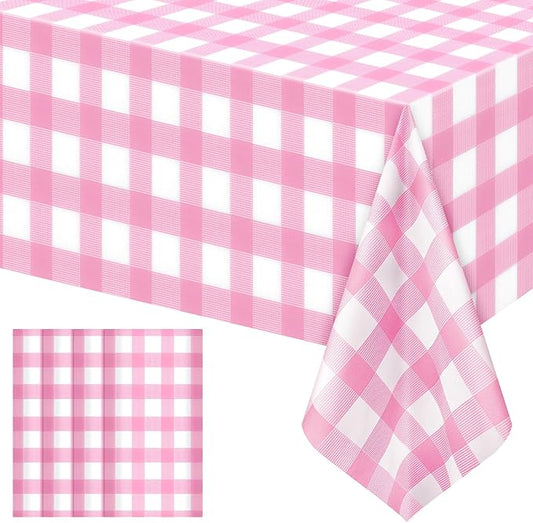 4 Pack Pink Striped Gingham Tablecloths, 54 x 108 Inch Disposable Plastic Rectangle Table Covers, Waterproof Pink and White Checkered Pink Table Cloths for Picnic, Birthday, Party, Outdoor Events
