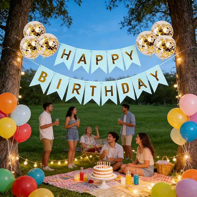 Happy Birthday Banner Sign Bunting Hanging Decorations with Shiny Gold Balloons Birthday Party Sign Decor for Party Supplies(Blue)