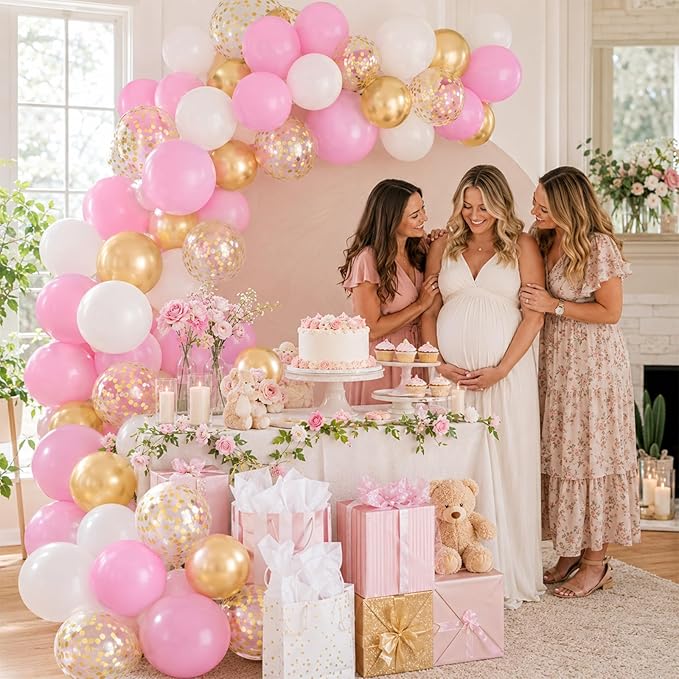 Pink and Gold Balloons 60PCS Pink White and Gold Balloon Set, 12 Inch Metallic Golden Confetti Latex Balloons for Women Girls Birthday Baby Shower Bridal Shower Wedding Princess Party Decor