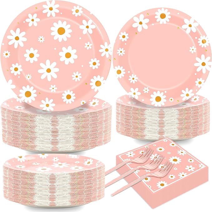50 Guests Daisy Plates and Napkins Party Supplies Groovy Floral Party Decorations Disposable Tableware Set Pink One Two Groovy Birthday Dinnerware Favor for Summer Girls Wedding Baby Shower, 200PCS