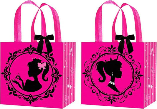 C L cooper life 12pcs Hot Pink Girl Party Gift Treat Bags with Handles Pink Girl Grocery Shopping Bag Princess Theme Non-Woven Bags for Girls Birthday Party Ladies Bachelorette Party Supplies