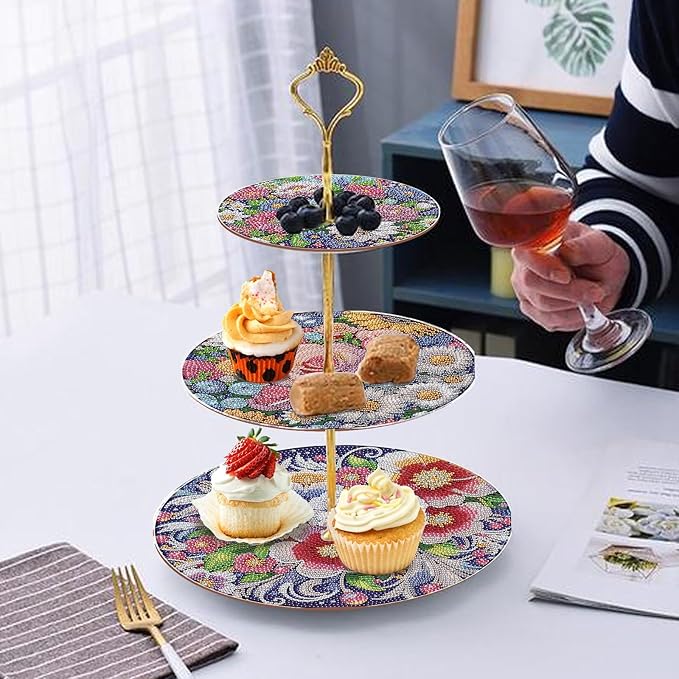 DoxQcs 3 Tier Wooden Diamond Art Painting Cake Cupcake Display Stand Round Cupcake Stand Dessert Tower Pastry Tray Platter for Tea Party Wedding Birthday-Flowers-2
