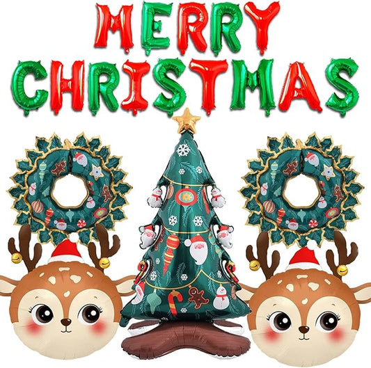 19 Pcs Christmas Balloon Tree Reindeer Ballooons Red Green Merry Christmas Balloons Banner Wreath Balloon for Xmas Themed Party Supplies Christma Party Decorations Balloons Sets
