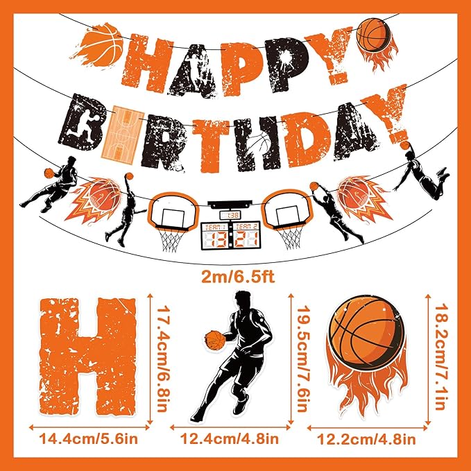 SUNBEAUTY Basketball Happy Birthday Banner Basket Ball Themed Party Decorations Sports Birthday Banner Basketball Party Supplies Slam Dunk Garland Birthday Sign for Kids Teenagers Boys Men