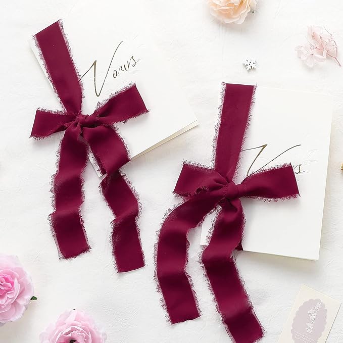 Ribbon, Burgundy Chiffon Ribbon for Flower Bouquet, Silk Ribbons for Crafts, 6 Rolls x 7Yd Each, 1 1/2 inch W x 42Yd Total, Wedding & DIY Crafts for Mothers Day