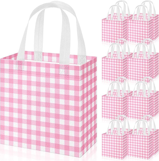 Sweetude 16 Pcs Pink White Checkered Gift Bags with Handles Gingham Pink and White Party Favors Non-Woven Reusable Tote for Women Wedding Birthday Baby Shower Mother's Day Party Decorations