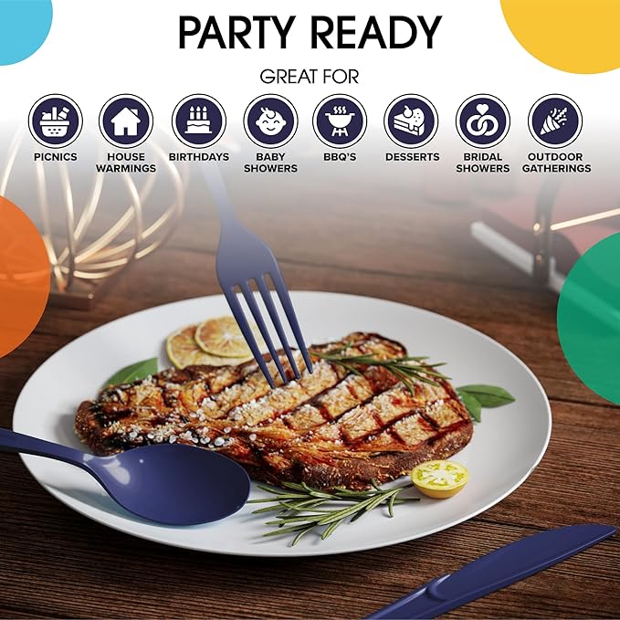 Party Solids Navy Plastic Silverware Heavy Duty 150 Pieces Navy Disposable Silverware Heavy Duty, Utensil Sets, 50 Of Each Forks, Knives & Spoons Disposable Cutlery Set For Party Supplies