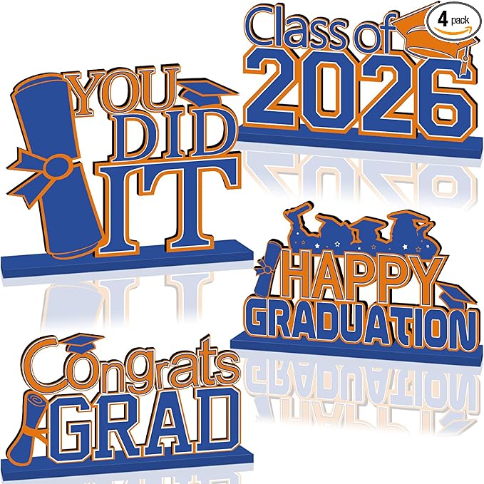 4Pcs Oranger and Blue Graduation Decorations Class of 2026 Congrats Grad Wooden Table Centerpieces Graduation Centerpieces for High School College Grad Table Decorations