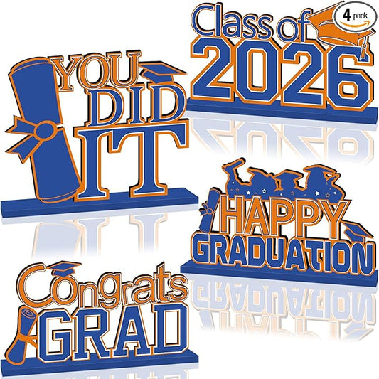 4Pcs Oranger and Blue Graduation Decorations Class of 2026 Congrats Grad Wooden Table Centerpieces Graduation Centerpieces for High School College Grad Table Decorations
