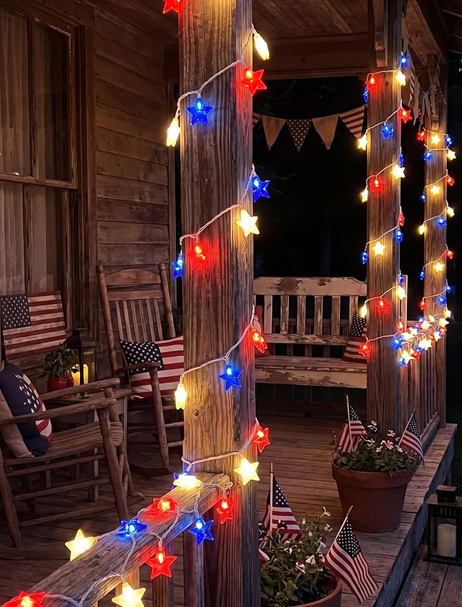 4th of July Decoration Lights, 12FT 20 LED Red White and Blue Star String Lights, Plug in Fairy Lights Waterproof Connectable for Indoor Outdoor Independence Day Decor