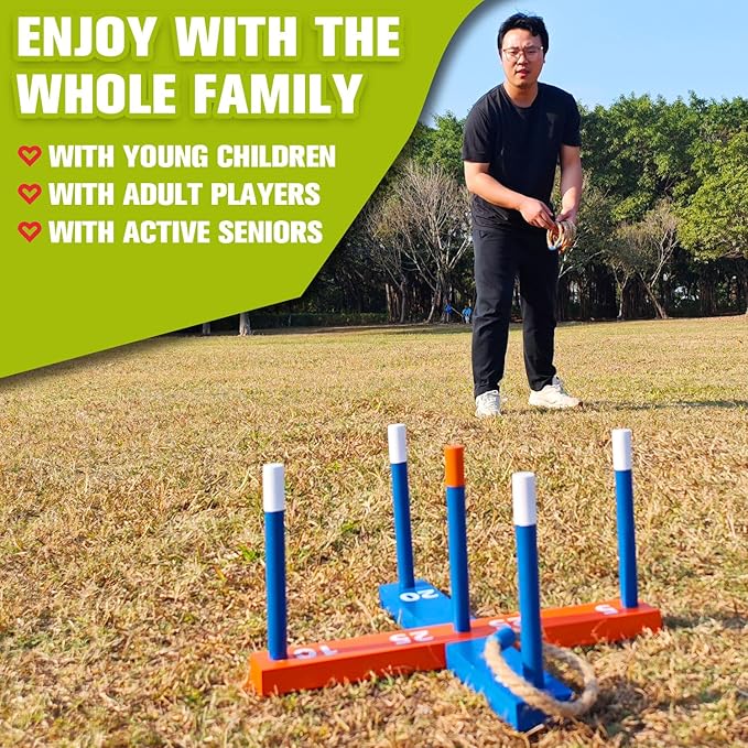 GOOSO Ring Toss Game for Kids - Indoor & Outdoor Game for Family and Adults with 5 Poles, 2 Bases and 6 Rings in 2 Colors, Backyard Party Activities for Adults Lawn Games for Kids