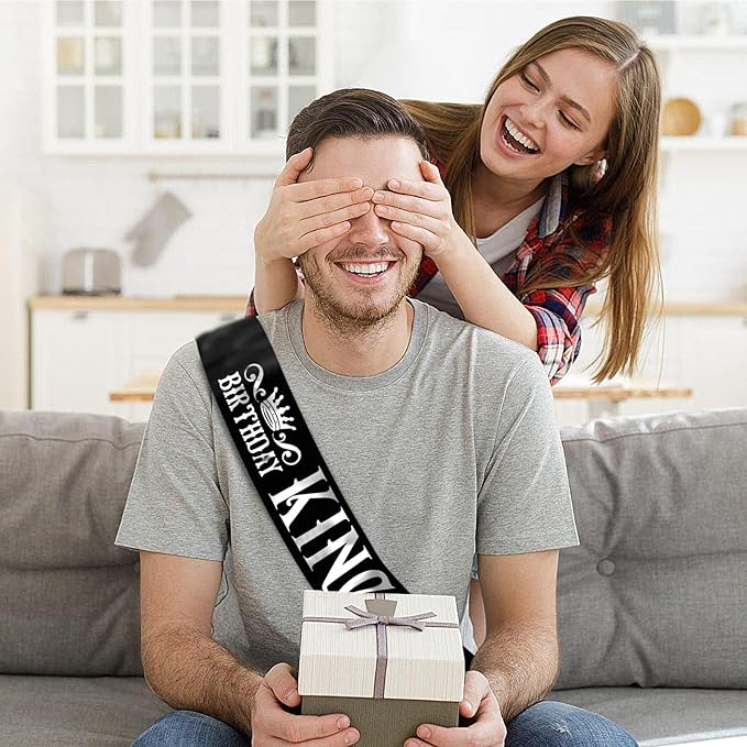 Birthday King Sash, Funny Black Satin Sash with Silver Foil Lettering Birthday Sashes for Boys or Men 10th 13th 16th 18th 21st 30th 40th 50th 60th or Any Birthday Party Supplies Gifts Favors.