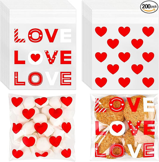 200pcs Cellophane Bags 5.5x5.5 Self Sealing Cookie Bags for Packaging White Cellophane Treat Bag for Gift Giving Packaging Valentines Birthday Party Favor Candy Goodie Homemade Bakery (Valentine)
