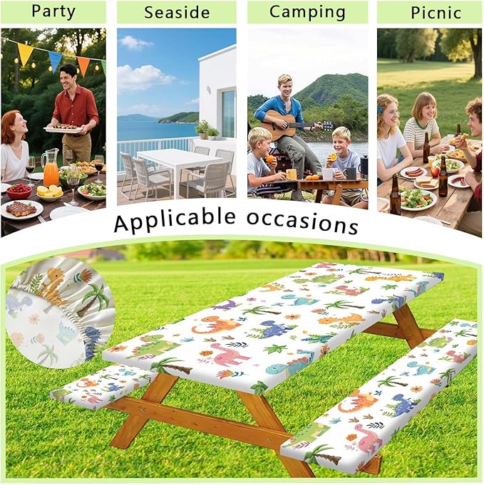 Funny Dinosaur Picnic Table Cover with Bench Covers and Bag, Camping Essentials, Animal Waterproof Windproof Fabric, Fitted Tablecloth Cover with Elastic Edge, for Indoor & Outdoor, 3 PCS, 30x72 Inch