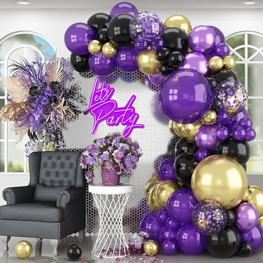HILAVO Purple Black and Gold Balloon Arch Kit Graduation Balloon Garland Dark Purple and Gold Metallic Black Confetti Balloons for Retirement Wednesday Birthday Baby Shower Engagement Party Decoration