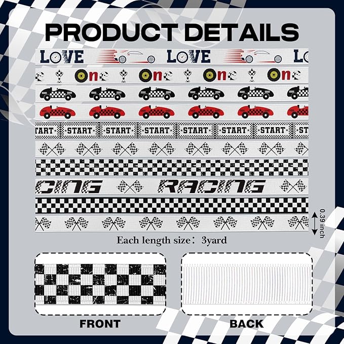 10 Pack Racing Checkered Ribbon Set, 3/8" x 3 Yards Each Grosgrain Ribbons, Car Theme Variety Patterns for Party Decorations, DIY Crafts, Hair Bows, Gift Wrap