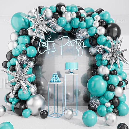 Teal Balloons Arch Garland Kit-Black Balloon Metallic Silver Balloon 127Pcs for Baby Shower,Gender Reveal,Kids Birthday,Wedding,Graduation,New Years Party Decorations.