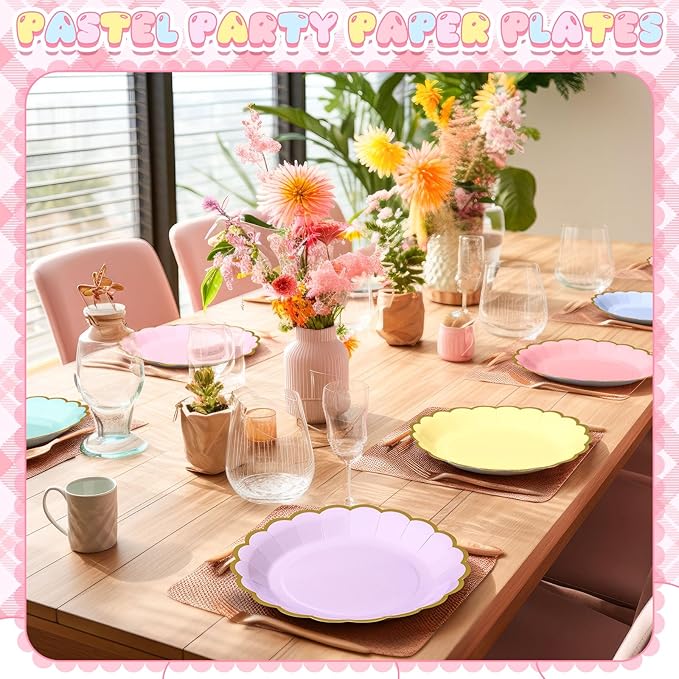 96 Pcs Pastel Paper Plates 9 Inch Colorful Gradient Scalloped Paper Disposable Dinner Dessert Plates for Birthday Wedding Bridal Party Supplies, 6 Colors