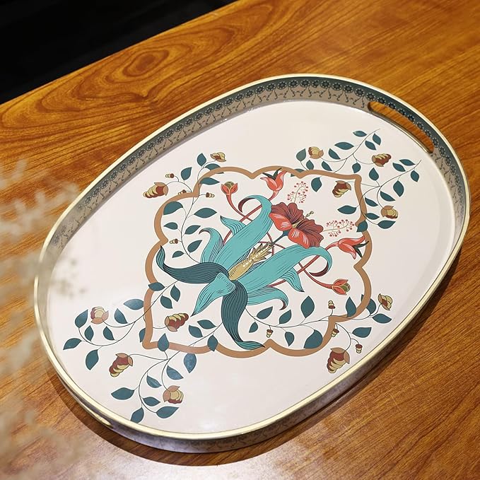 Oval Plastic Serving Tray with Handles, Elegant Decorative Tray for Coffee Table, Ottoman, Living Room, Kitchen, Outdoor Use. 10"*16"*1.4" A