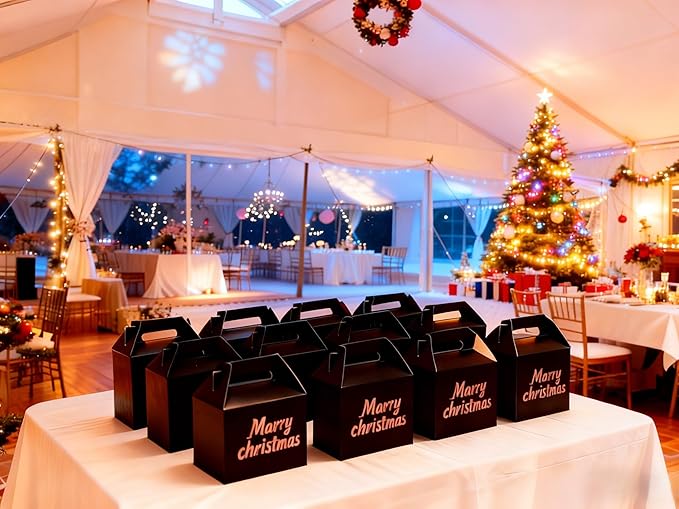 XAGLVV 12-Pack Black Party Favor Treat Boxes (7 x 3.5 x 6.6 Inch) Gable Paper Snack Boxes with Handles& Goodie Gift Bags for Kids Birthday, Wedding, Baby Shower.