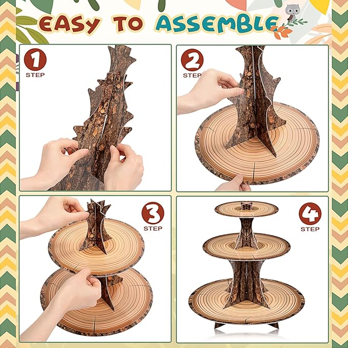 Sawysine 7 Pcs Woodland Cupcake Stand Set Woodland Baby Shower Decorations 3 Tier 2 Wooden Cupcake Stand 1 Rustic Cake 4 Rectangle Serving Tray Birthday Western Camping Hunting Supplies(Circle)
