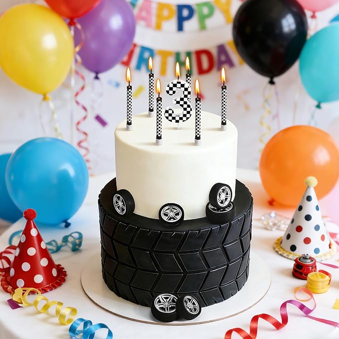 13 Pcs Racing Cars Themed Birthday Candles, Black and White Checkered Birthday Cake Candles, Numeral 3 Candle Wheel Tire for Racing Car Party Decoration Theme Party Supplies (Number 3)