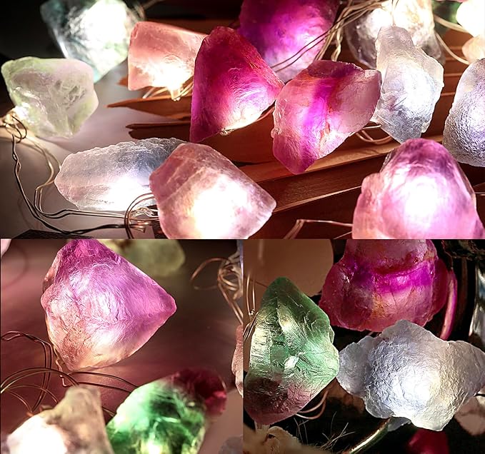 20 LED Multicolor Natural Fluorite Crystal String Lights - 6.5ft USB/Battery Operated with Remote Control & Timer for Bedroom Indoor Wedding Party Christmas Decor