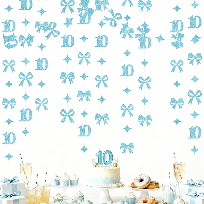 Glitter Blue 10th Bow Birthday Decorations Teal Blue Conquette Bow Garland Streamer Banner Backdrop for Girls Happy 10th Birthday Double Digits I'm 10 Cheers to 10 Years Old Anniversary Party Supplies