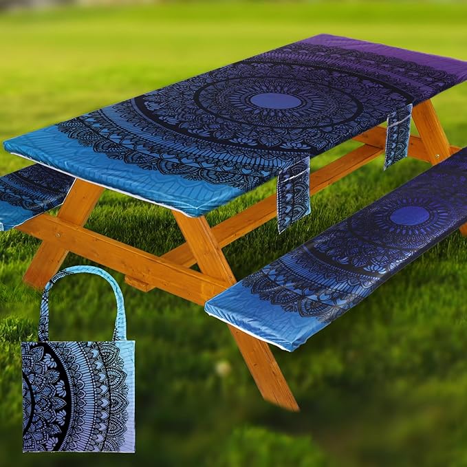 Picnic Table Cover with Bench Covers Vinyl Elastic Edges Fitted Rectangle Seat Tables Waterproof 3-Piece96X30in Set Outdoor Rectangular Folding Backing Tablecloth for Camping Over Size
