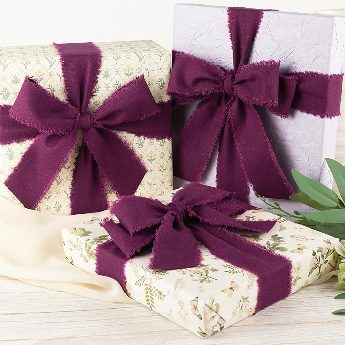 Grape Wine Cotton Ribbon 1-1/2 Inch Grape Wine 3 Rolls 21 Yards Frayed Edge Fabric Set for Wedding Decor, Anniversary Celebration, Bridal Bouquet Wrap, Gift Wrapping & Fall Wedding