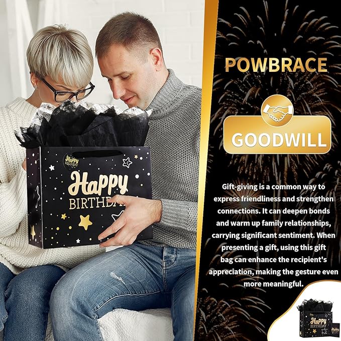 13" Black Happy Birthday Gift Bag with Tissue Paper and Greeting Card for Party,Happy Birthday Gift Bag for Men Fathers, Gift Bags Medium size(1 PCS Black, Attach Dad Cards)