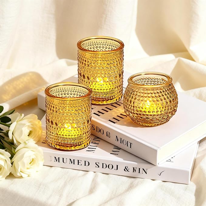 Rubtlamp Amber Votive Candle Holders Set of 24, 12Pack 2.1 * 2.7inch Glass Vintage Candles Holder 12Pack 2.1 * 2.1inch Tea Lights Candle Holders for Table Centerpiece Wedding Decor Home Decoration