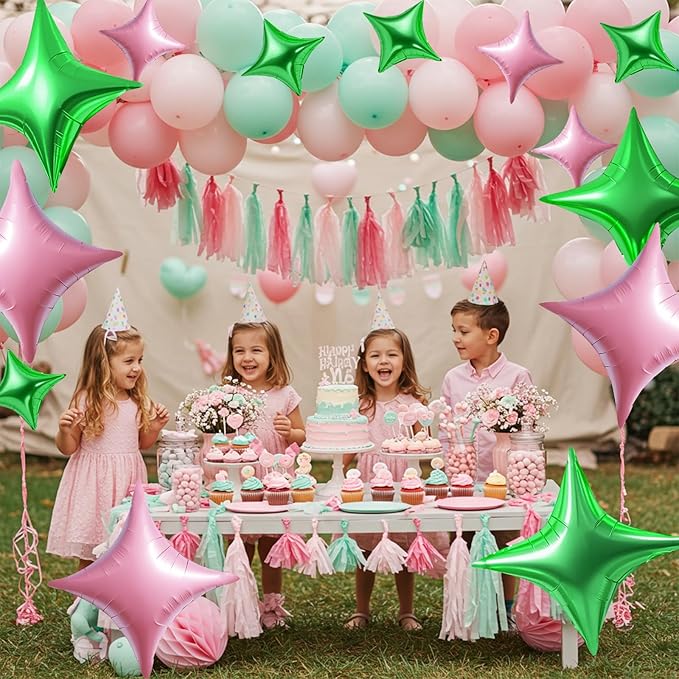 TONIFUL 30Pcs 26In&10In Star Balloons Green Light Pink Four Pointed Foil Mini Star Mylar Balloons for Birthday Wedding Baby Shower Anniversary Engagement Party Decor Supplies