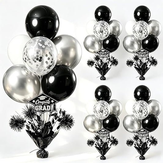 4 PCS Graduation Centerpieces for Tables Balloons Stand Holder Kit College Graduation Decorations 2026 Metallic Glitter Foil Balloon for Graduation Party Decorations Prom Send off Party Decor