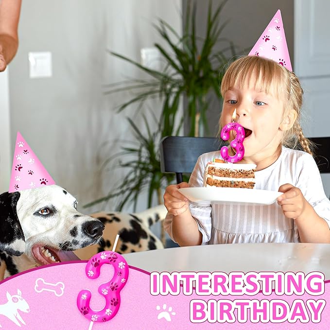 Conelist Number 3 Dog Paw Birthday Candles Dog Patrol Toppers Candles Rose Red, Pink, Purple Numeral Birthday Cake Topper for 3 Year Old Boy Girl Paw Birth Day Decoration Pet Party Supplies