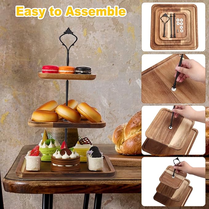 3 Pcs 3 Tier Serving Tray Square Wooden Tiered Cake Stand Acacia Wood Rustic Cupcake Display for Dessert Square Farmhouse Party, Wedding, Tea Party