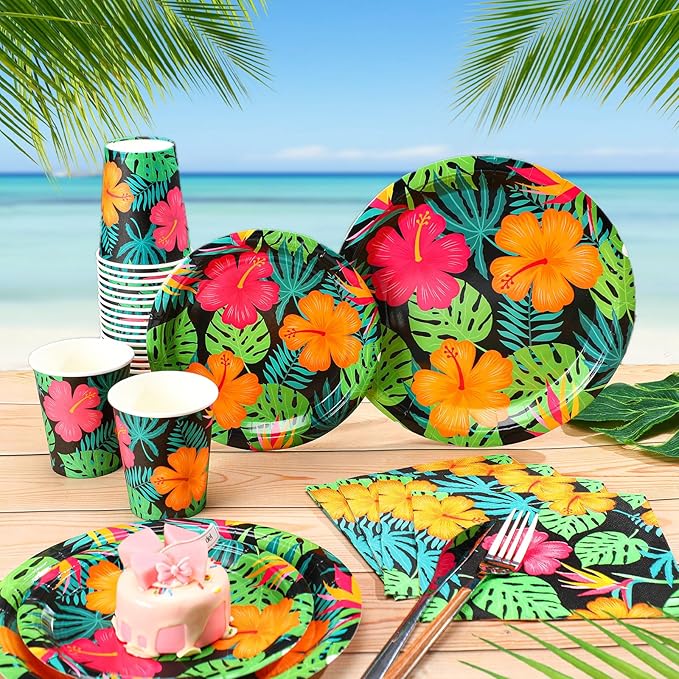 Jingmore 200 Pcs Tropical Nights Hawaiian Aloha Party Supplies Serve 50 Guests Luau Paper Plates Cups Napkins for Summer Beach Tableware Pool Party