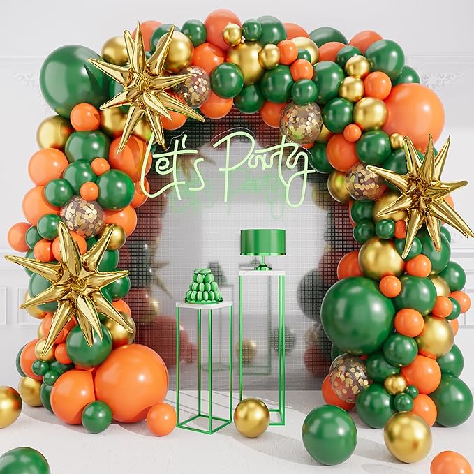Orange Green Balloons Arch Garland Kit-Metallic Gold Balloon Dark Green Balloon Gold Star Foil 127Pcs for Bridal Shower,Christmas,Birthday,Wedding,Thanksgiving Party Decorations.