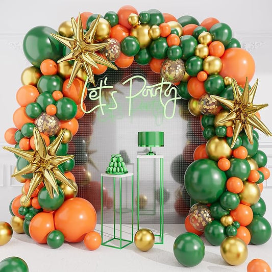 Orange Green Balloons Arch Garland Kit-Metallic Gold Balloon Dark Green Balloon Gold Star Foil 127Pcs for Bridal Shower,Christmas,Birthday,Wedding,Thanksgiving Party Decorations.