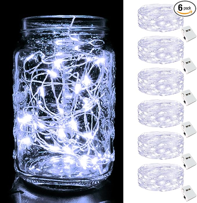 btfarm 6 Pack Fairy Lights Battery Operated [3 Modes], 7ft 20 Led Twinkle Lights String Lights Waterproof Bulk Small Mini Silver Wire for Christmas Mason Jars Wedding Table Centerpiece, Cool White