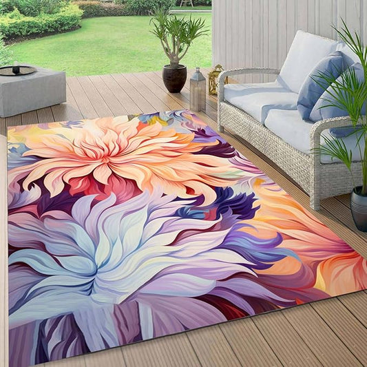 Waterproof Floral 7x10 Outdoor Rug Modern Vibrant Rugs for Balcony Patio Porch Garden Camping Pool Machine Washable Non Shed Outside Carpet Unique Easy Clean Flower Mat Lavender Peach