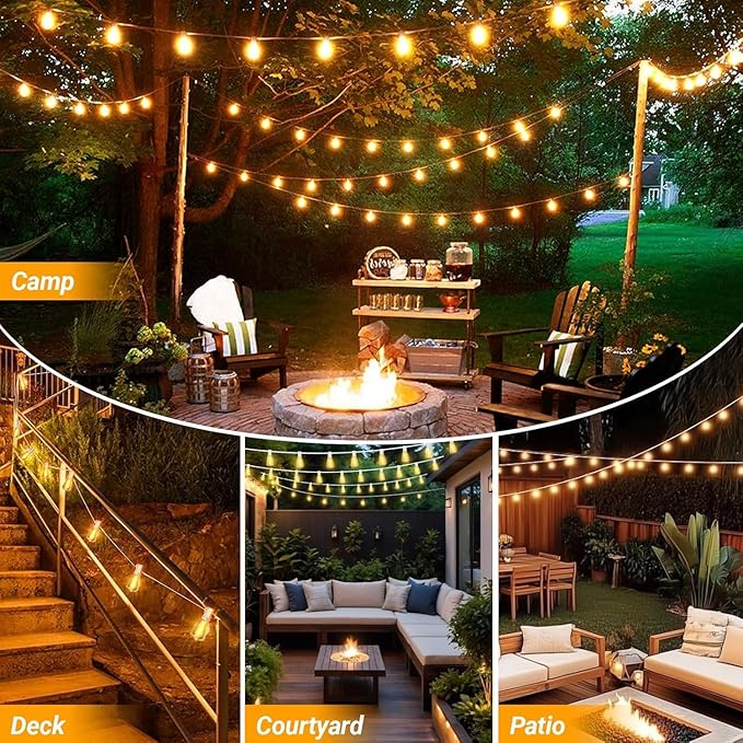 LAMPHOME 2-Pack 26FT Outdoor Patio Lights, 2700K Warm White String Lights，12+1 LED Waterproof Shatterproof Edison Bulbs, Dimmable with Timer for Garden Backyard Yard Hanging Lighting
