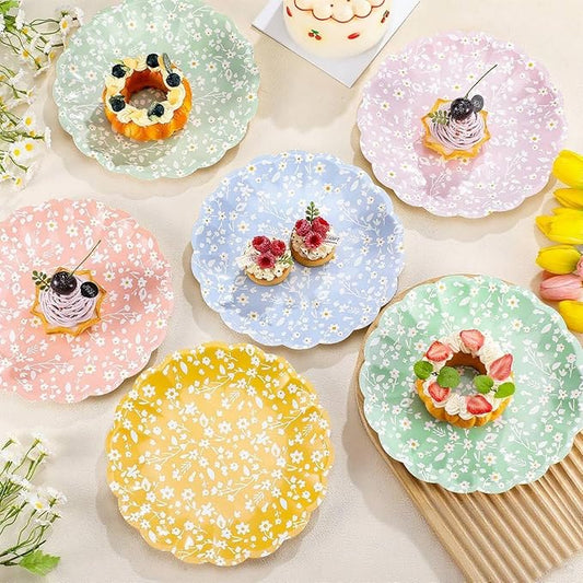 Yungyan 30 Pcs Ditsy Floral Paper Plates - 9.5'' Ditsy Scalloped Disposable Party Paper Plates Rainbow Scalloped Dessert Tableware for Christmas Winter Wedding Birthday Baby Shower Party Supplies