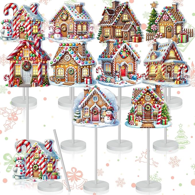 Geelin 10 Pcs Christmas Gingerbread Table Decoration Gingerbread House Decor Christmas Centerpiece for Tables Gingerbreads Theme Tabletop Gift for Xmas Holiday Desk Home Office Party Supplies Decor