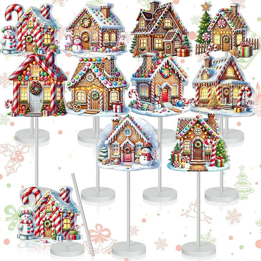 Geelin 10 Pcs Christmas Gingerbread Table Decoration Gingerbread House Decor Christmas Centerpiece for Tables Gingerbreads Theme Tabletop Gift for Xmas Holiday Desk Home Office Party Supplies Decor