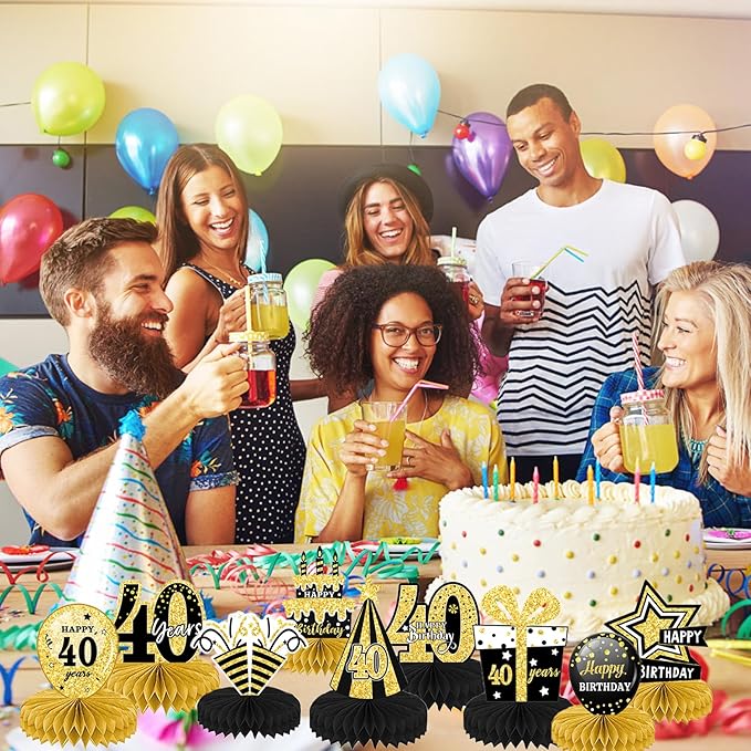 9Pcs Black Gold 18th 21th 30th 40th Honeycomb Decorations - Happy Birthday Decorations, Birthday Table Centre Decorations, Party Table Decorations, Table Decorations Centrepiece (40)