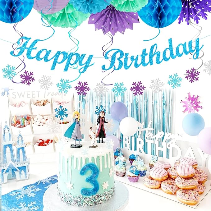Winter-Wonderland Christmas-Snowflake Frozen Birthday Party-Decorations - 21pcs Happy Banner,Blue Purple Teal Paper Lanterns Honeycomb Streamers,Tissue Pom Poms Flower Fan,Hanging Decor Huglony