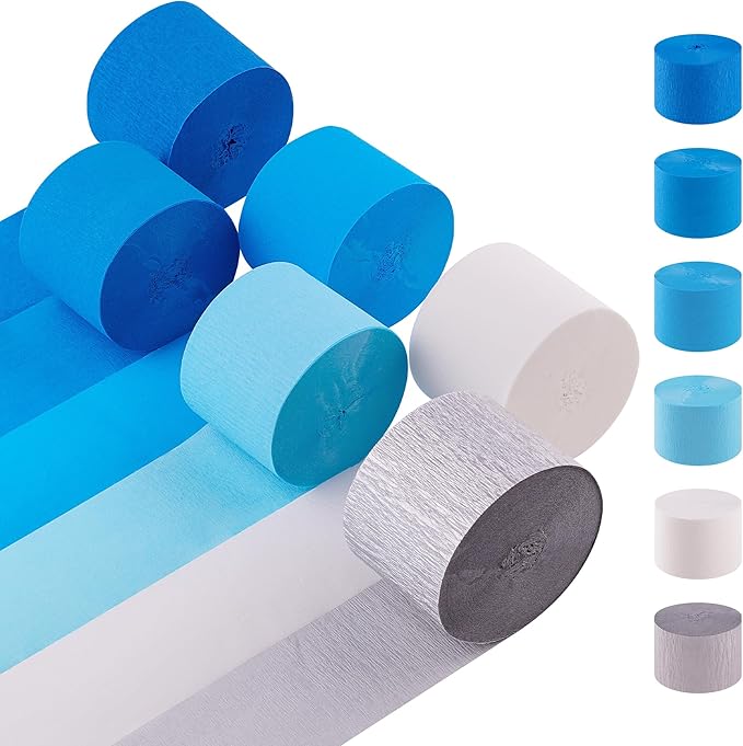 Blue and White Streamers, 2.2" x 123 Ft, 6 Rolls Crepe Paper Streamers Party Supplies for Under The Sea Shark Ocean Themed Birthday Baby Shower Wedding Graduation Decorations, DIY Crafts